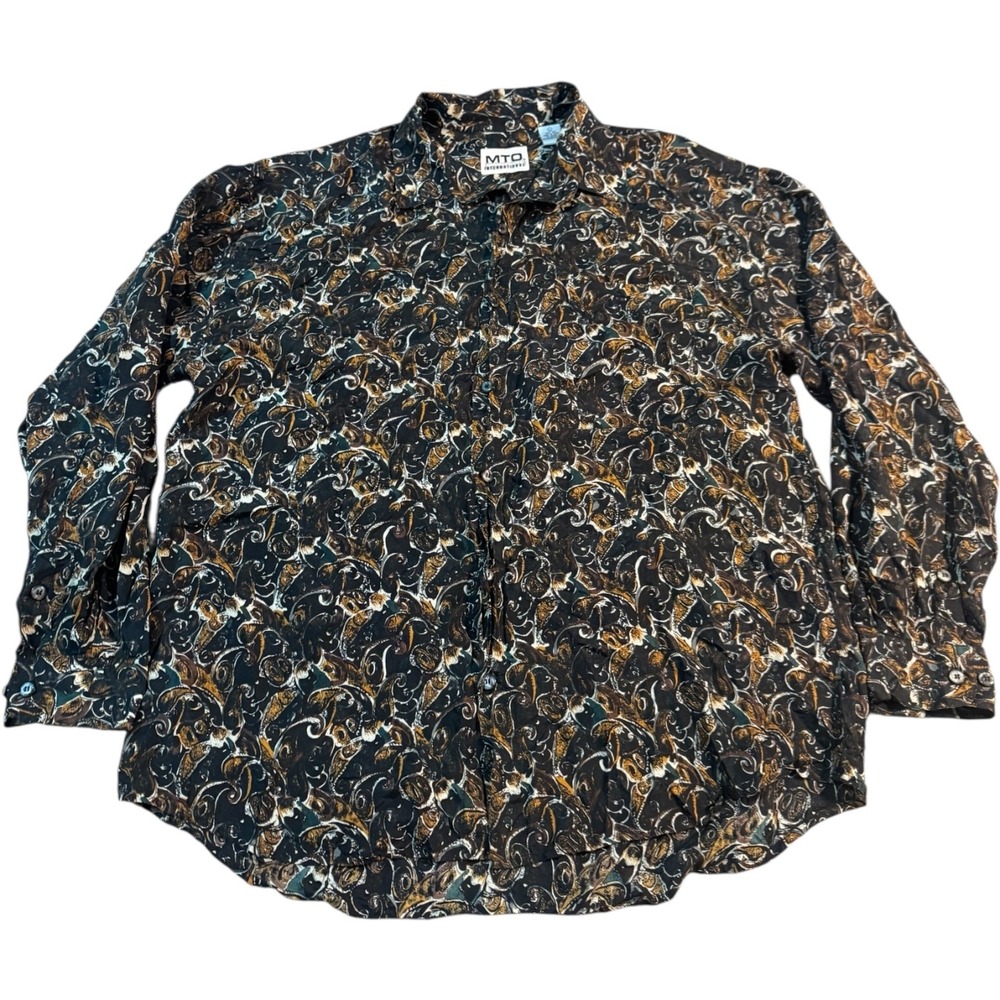 MTO International Men's L 100% Silk Abstract Print Button Down Shirt Long Sleeve